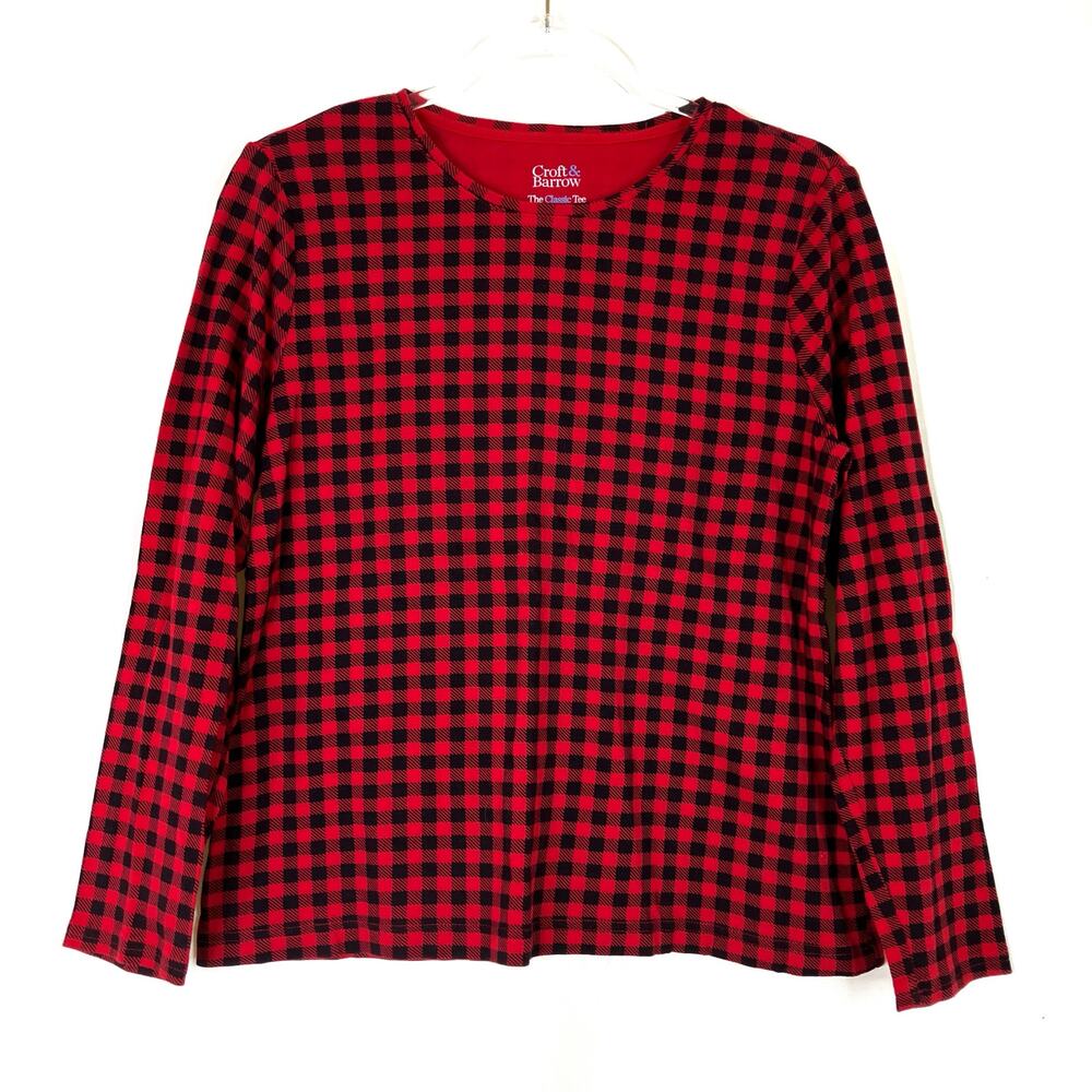 Croft & Barrow | Red Gingham Plaid Cotton Long Sleeve Classic Tee Petite Large